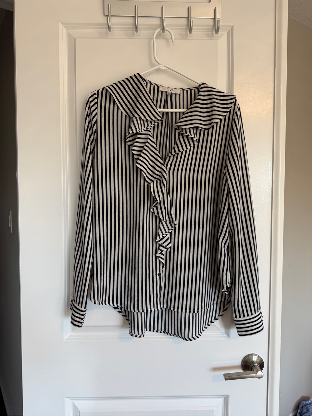 Ovi Black & White Vertical Stripe Ruffle Blouse
